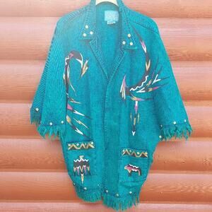 VTG Sundance denim wear Teal Poncho cape jacket hand painted Aztec Tribal